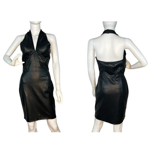 Heartloom Size M Faux Leather Moto Knee Length Halter Dress Black - Picture 1 of 7